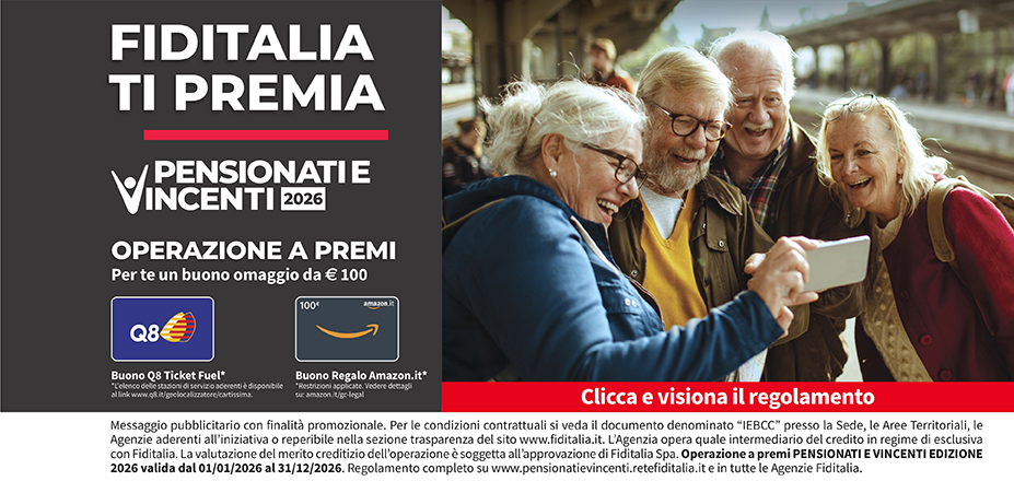 Agenzia Felline Associati Srl Fiditalia | LECCE, MAGLIE | Fiditalia ti premia - Vicni un omaggio da €100. Operazione a premi. Clicca e visiona il regolamento. Operazione a premi PENSIONATI E VINCENTI 2025 valida dal 01/01/2025 al 31/12/2025. Regolamento completo www.pensionatievincenti.retefiditalia.it